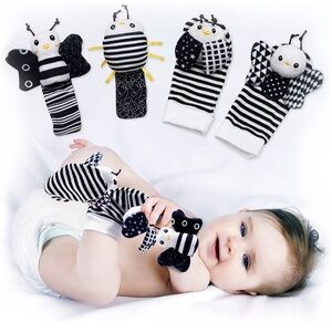 Black and White Baby Wrist Rattles and Foot Finders and reader and puzzle NWT